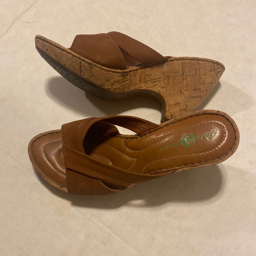 Born crown cork heel slide on heels brown leather size 8